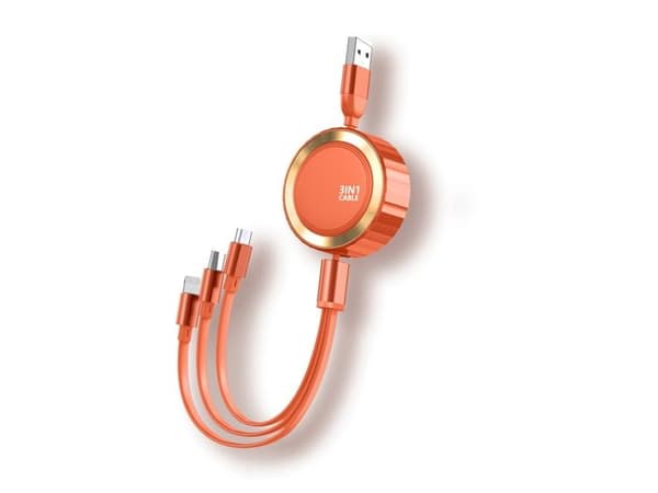 3-i-1 Retractable Kabel Micro-USB/Lightning/USB-C till USB-A 3A 480MBps 1,2m Orange Orange