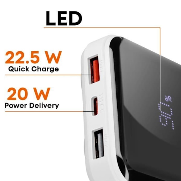 10000 mAh backup-batteri med Lightning og USB Type C-kabler LinQ White