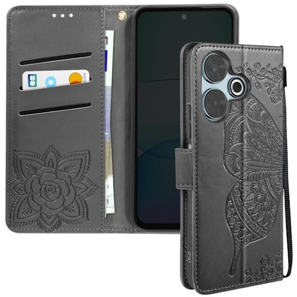 Etui Pengebog med Håndledsrem i Sort til Xiaomi Redmi 13 - AVIZAR - Mandala Sommerfugl Mønster - Hel Beskyttelse Svart