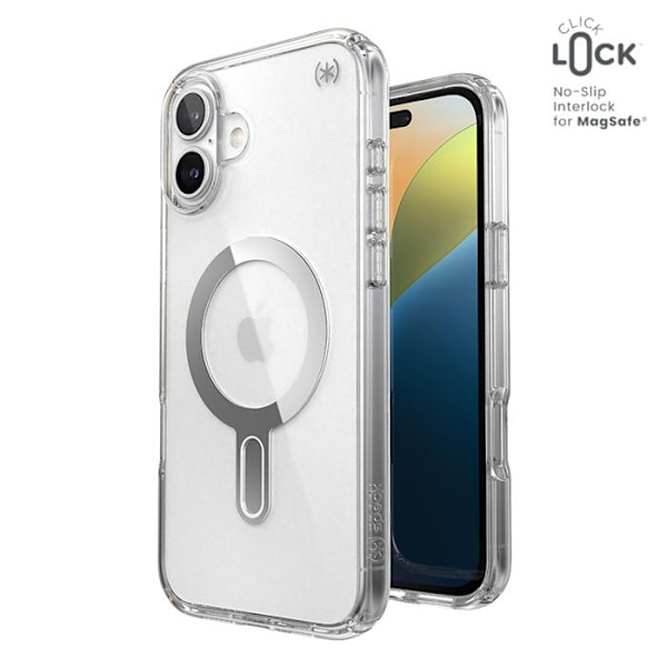 Speck Presidio Perfect Clear ClickLock & MagSafe -kotelo iPhone 16 Plus:lle (kirkas/Chrome-viimeistely/serene hopea)