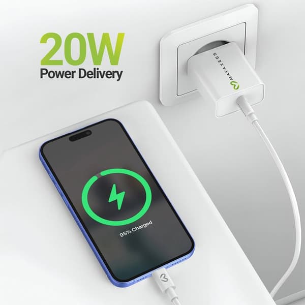 Laddare för iPhone 16 Plus 20W + USB-C-kabel 1m Mayaxess Vit Vit