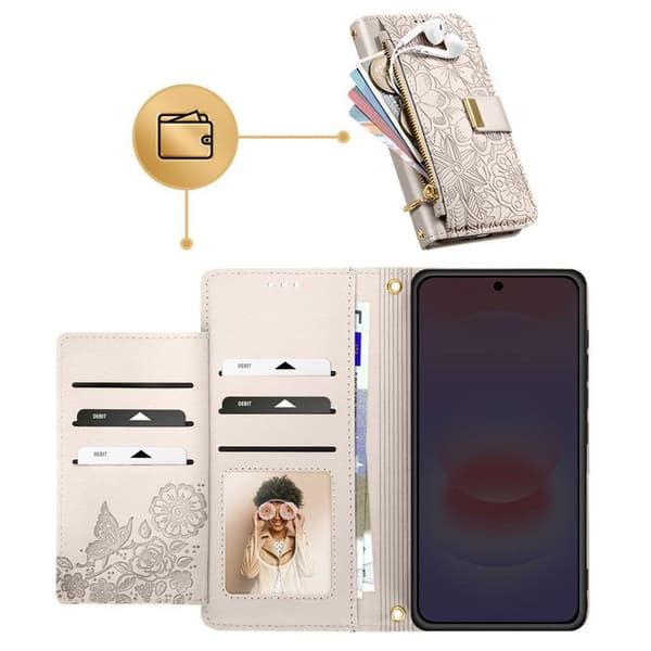Plånboksfodral för Galaxy A56 med blommönster och integrerad dragkedjeficka i grått Grå