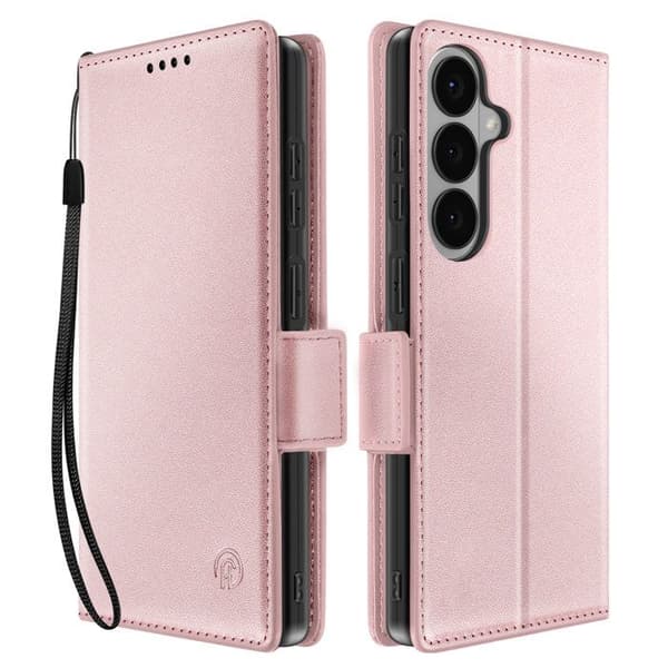 Pungetui til Galaxy S26 med syet læderlook og champagne-rosa håndledsrem Ros