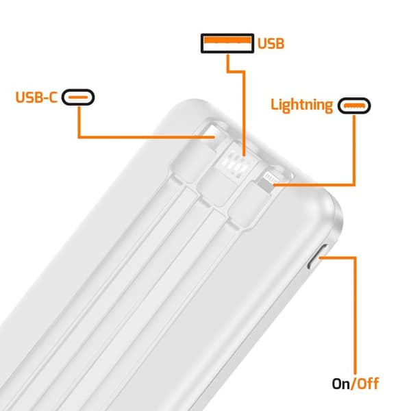 Powerbank 10000mAh portar USB QC 3.0 och USB-C PD med USB USB-C Lightning Max excell vit Vit