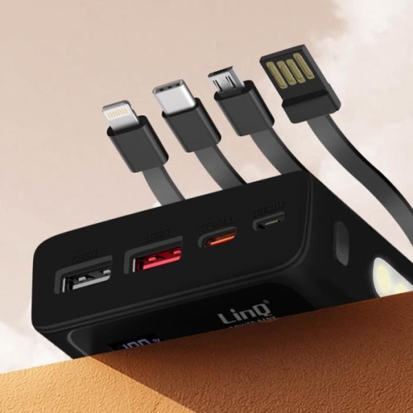 25800 mAh:n vara-akku 4 in 1 -kaapeli 22,5 W USB-portti ja 20 W USB C LinQ Black Svart