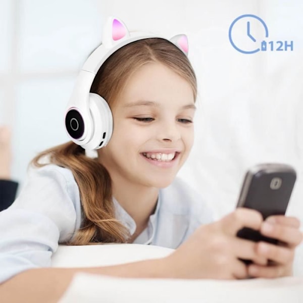 Høretelefoner - AVIZAR - Katteøre Design - Bluetooth 5.0 - Støjreduktion - 12 timers batteritid Vit
