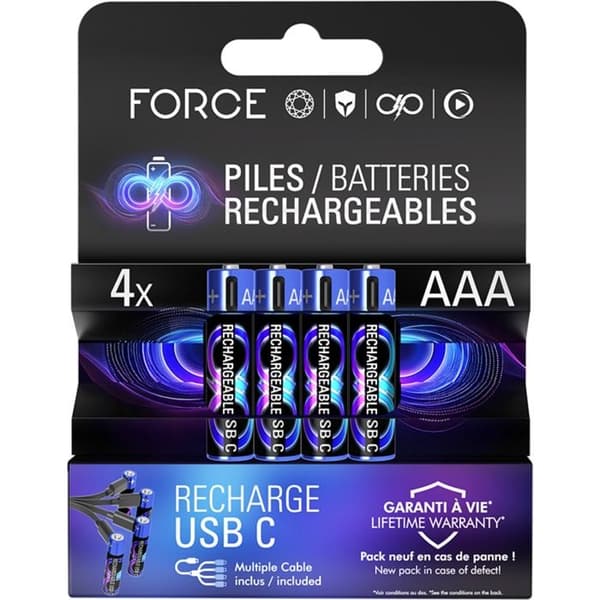 Pack med 4 uppladdningsbara USB-C typ LR03 / AA-batterier med laddkabel Force Power svart / blå Svart blå