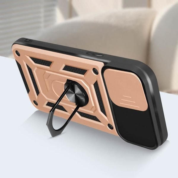 Stötsäkert fodral för iPhone 15 Pro Max skjutbart kameraskydd Rose Gold Ring Rosa
