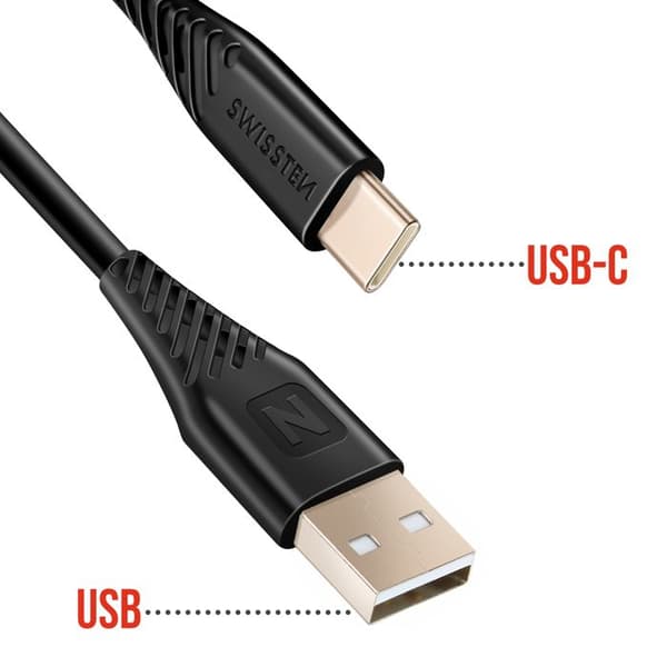 USB til USB-C kabel 60W Silikone Anti-knude Swissten Sort Svart