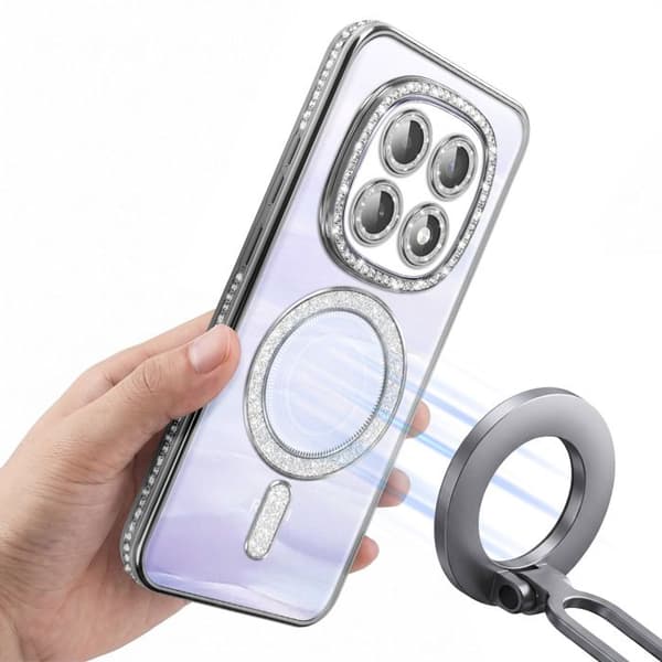 Cover til Redmi Note 15 Kompatibel med MagSafe med Sølv Rhinestones Grå