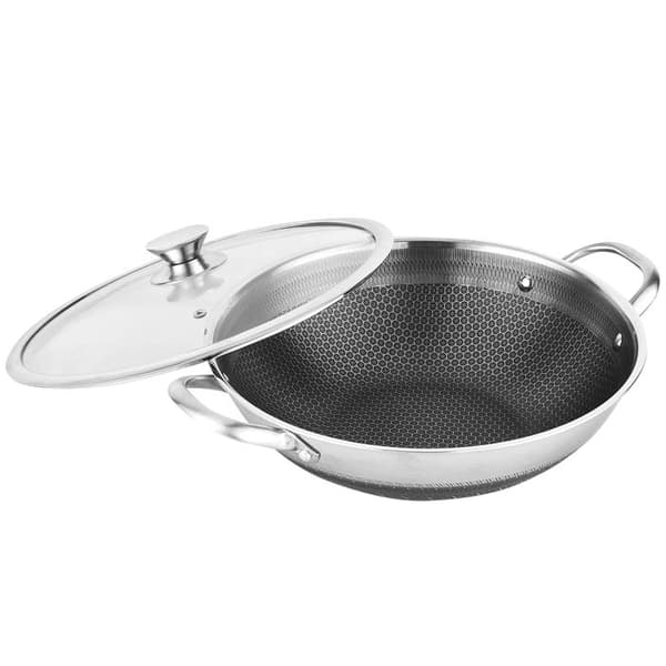 Wok 32cm - CHEFFINGER - Inox - Honungscomb- Beläggning - Glaslock - Repfria Grå