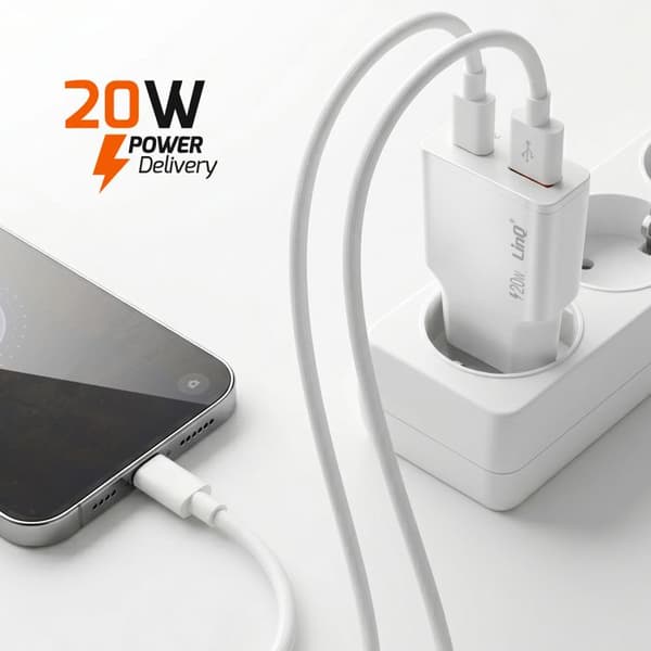Extra platt väggladdare med dubbel USB-C och USB 20W LinQ vit Vit