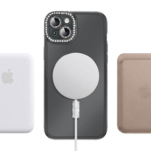 iPhone 15 Plus Cover Kompatibel med MagSafe med Sort Rhinsten Kant Svart