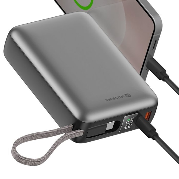 Ulkoakku 20000mAh 45W integroidulla USB-C johdolla, USB-C ja USB portit, Swissten Hopea Grå