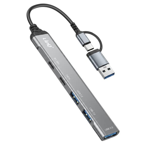 USB-C / USB-A 5-i-1-hubb till 2 USB-C PD 10W och 3 USB-A 480Mbps LinQ Grå
