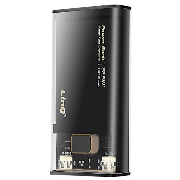 Powerbank - LINQ - TM16002 - 16000mAh - USB-C 20W - 2 USB 22.5W - LED-display Svart Transparent