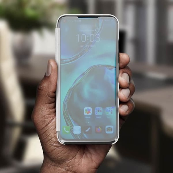 Huawei P40 Lite Cover Translucent Flip Mirror Design Videostöd Silvergrå