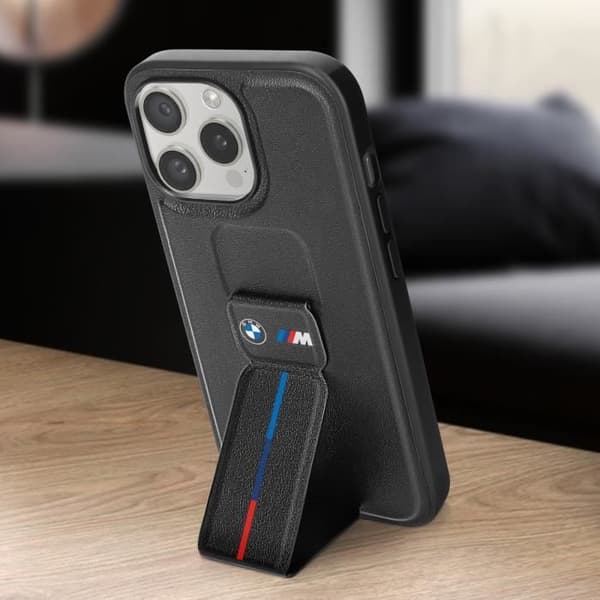 Smartphone cover - BMW - iPhone 15 Pro - Kunstlæder - Støtte - Stødabsorberende sort Svart