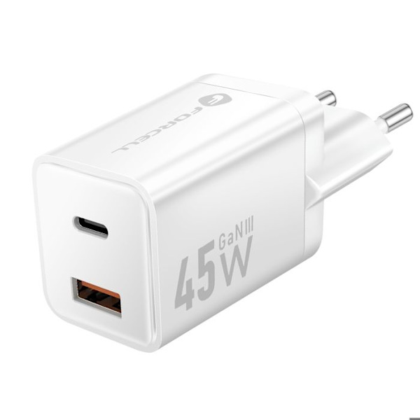 Lader - FORCELL - Forcell - 45W - GaN III - USB-C og USB-A Vit