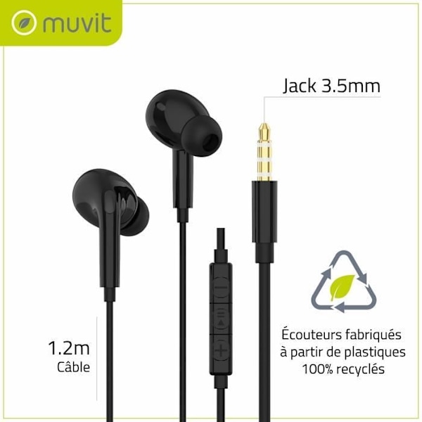 3,5 mm Intra Jack hörlurar med mikrofon och volymkontrollknapp Muvit Black Svart