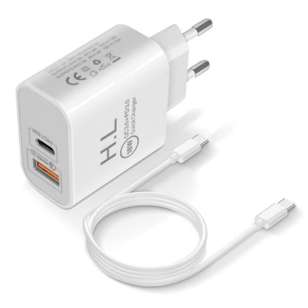 18W strömförsörjning Q.C 3.0 USB / USB-C nätladdare USB-C-kabel Vit