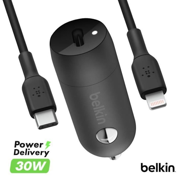 30W USB-C cigarettænderstik + iPhone Lightning BoostCharge-kabel 1m Belkin Sort