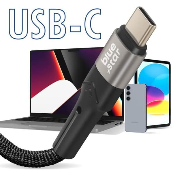 USB C-kabel - BLUESTAR - Modell 60W - 2m - Snabbladdning - Flätad nylon Svart