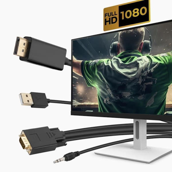 HDMI-VGA-uroskaapeli ja 3,5 mm:n liitin Full HD -laatuinen pituus 1,8 m musta