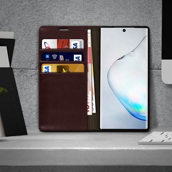 Äkta läderfodral - AVIZAR - Galaxy Note 10 Plus - Kortficka - Video-stöd - Mörkbrun Mörkbrun