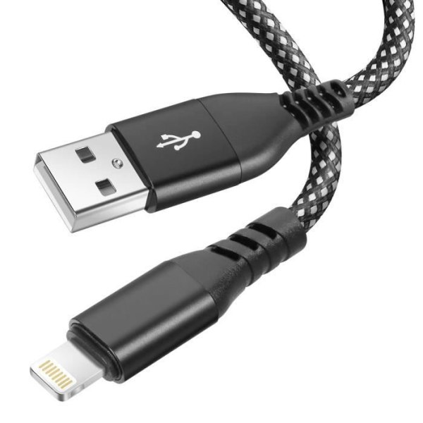 Ladekabel - MOXIE - Sort flettet nylon - 2m - USB til Lightning - Kompatibel iPhone 14/13/12/11/X Svart