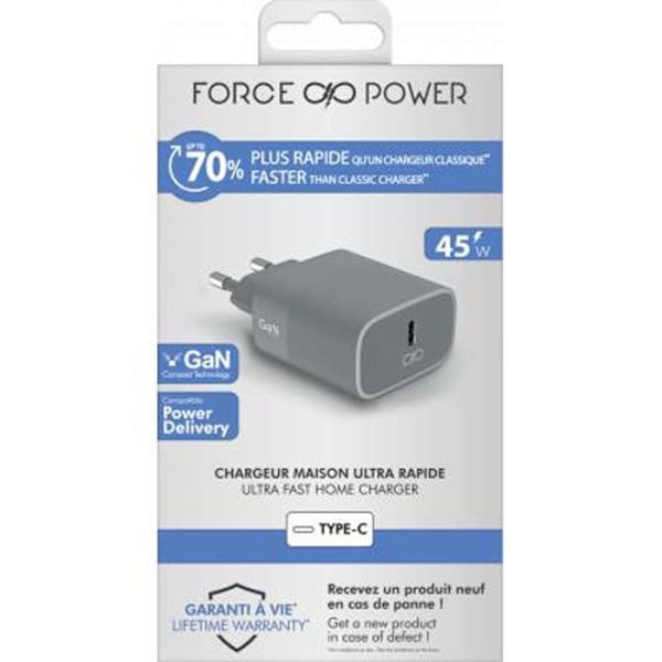 Strömadapter - Force Power - Laddare 45W - Power Delivery - 100% Återvunnen plast - Grå Grå