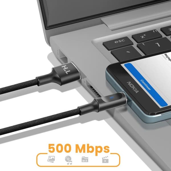 USB-A til Micro-USB-kabel med LED og stabil opladning 2,4A nylonvævet 1,5m sort