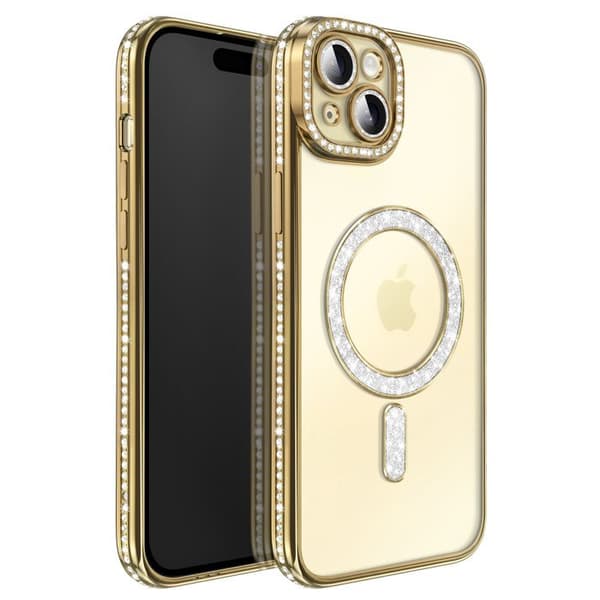 iPhone 15 Plus Cover Kompatibel med MagSafe med Guld Rhinestone Kant Gul
