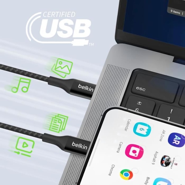 USB-C Power Delivery 240W Sertifioitu USB-IF Nailonista Punottu 1m Belkin Musta Svart