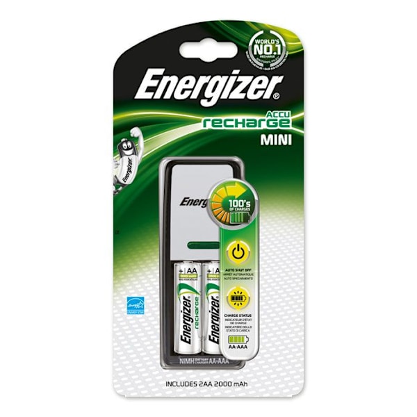 Oplader - Energizer - Kompakt - Til AA/AAA-batterier - Energy Star-certificeret - 2 AA-batterier inkluderet Sort