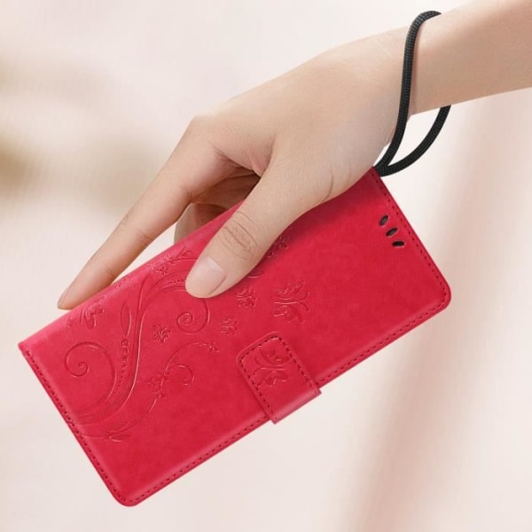 Fodral för Samsung Galaxy A55 Plånbok Flower Butterfly med röd handledsrem