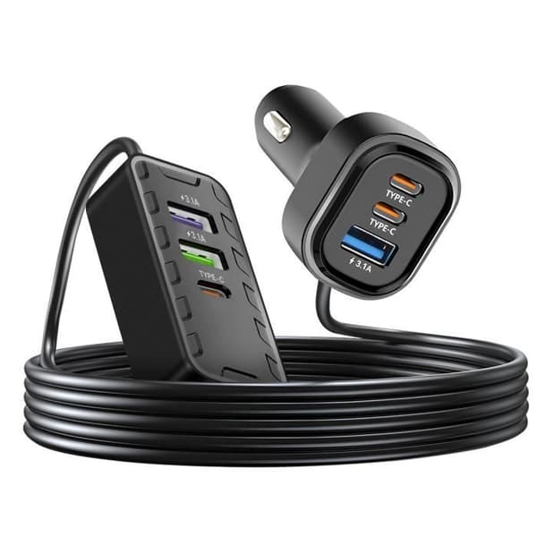 Lader til bil - AVIZAR - 22.5W - 3 USB-C porte - Kabel 1.5m - Sort Svart