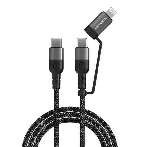 4smarts ComboCord CL 1,5 m USB C till USB C och Lightning-kabel Flätat tyg Snabbladdningskabel för strömförsörjning - Monokrom