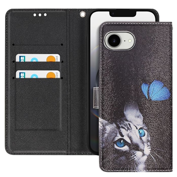 iPhone 16e Sleeve med Kat og Sommerfugl, Håndledsrem og Kortholder, Sort Svart