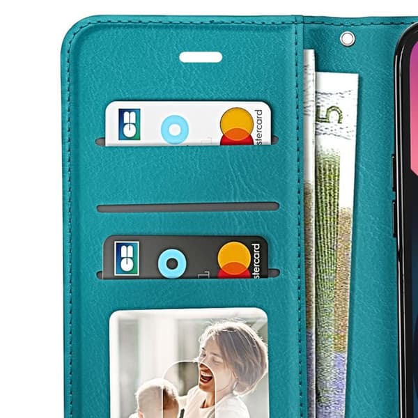 Plånboksfodral för iPhone 13 med videostöd och handledsrem Mayaxess Turkos Blå
