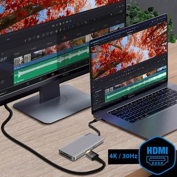 USB-C Hub 3x USB 1x HDMI 1x USB-C 1x 1 Micro-SD / SD Compact - Akashi Harmaa