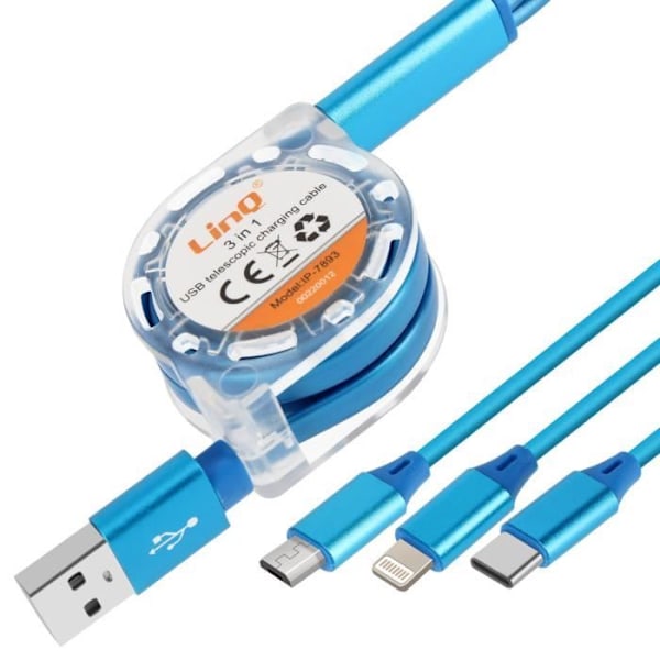 3 i 1 USB-kabel - LINQ - Udtrækkelig - 1m - Kompatibel iPhone, USB-C, Micro USB - Blå Blå