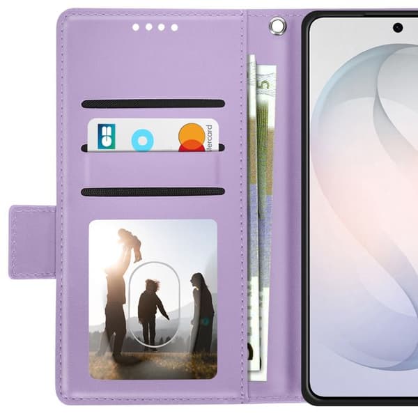 Pungetui til Galaxy S26 Læderlook Syet med Lilla Håndledsrem Violett