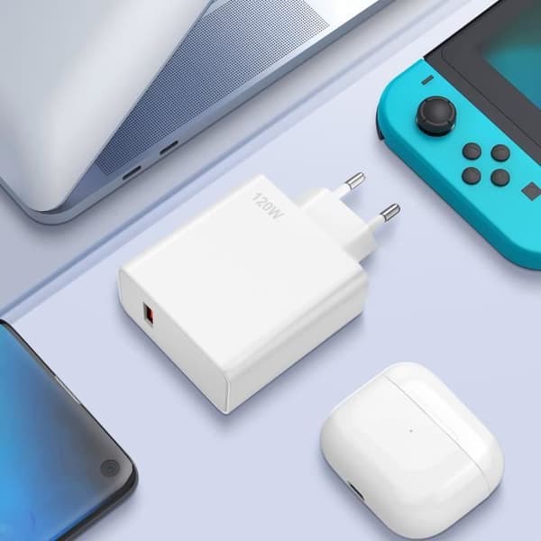 USB-oplader - AVIZAR - 120W - Hurtig opladning - USB-C-kabel medfølger - Overspændingsbeskyttelse Vit