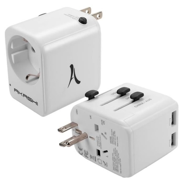 Akashi Matkailuliitin US/UK/AUS/CN EU:lle ja 2 USB-porttia - Valkoinen