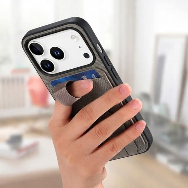 iPhone 17 Pro Max Fodral med Tyg Effekt och Stöd samt Kortfack Grå Grå