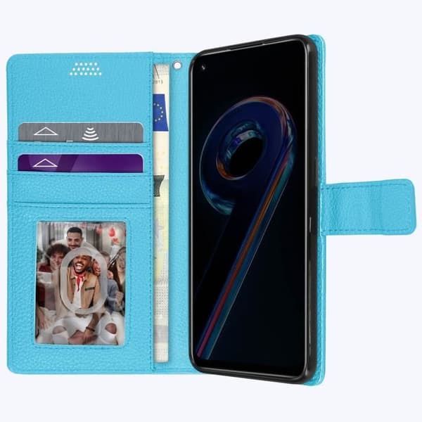Housse - Realme 9 Pro Plus - Syntetisk læder - Fuld beskyttelse - Støttefunktion Blå