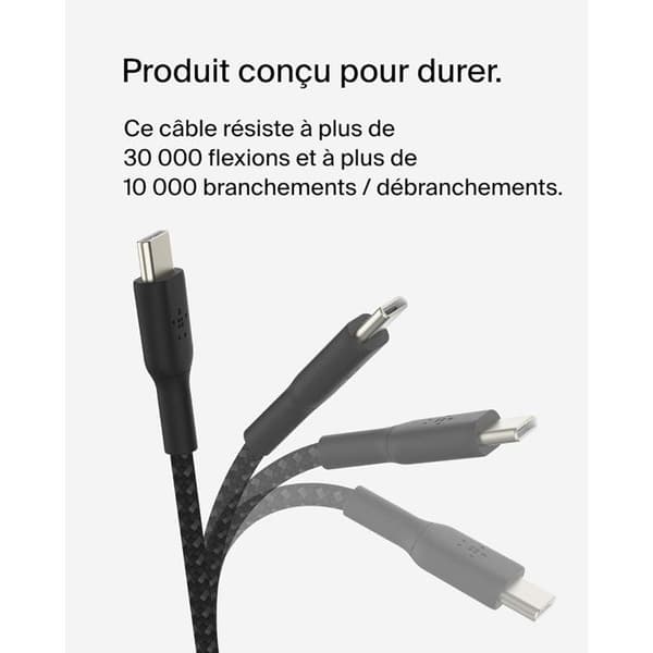 Flätad kabel - BELKIN - USB-C till USB-C - 2 m - Vit Svart
