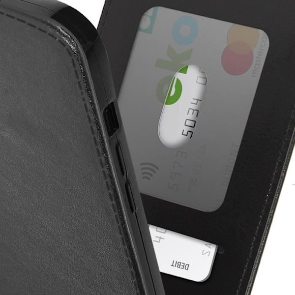 iPhone 15 -kotelo, pystysuora läppä ja musta korttipidike Svart