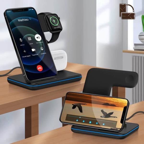 Opladningsbase - Induktionsladedock - iPhone - 3 i 1 - Blødt silikone - Vertikalt design